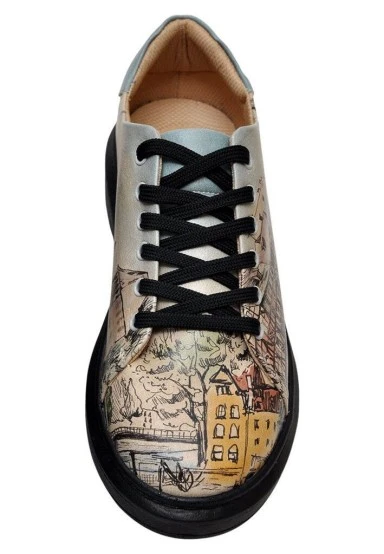Femme Cuir Vegan Beige Baskets - Take a Walk Motif - 