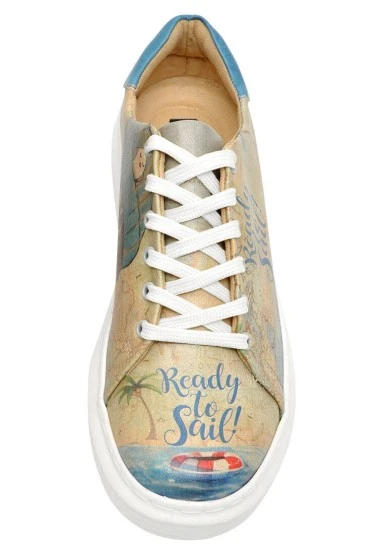 Femme Cuir Vegan Beige Baskets - Ready to Sail Motif - 