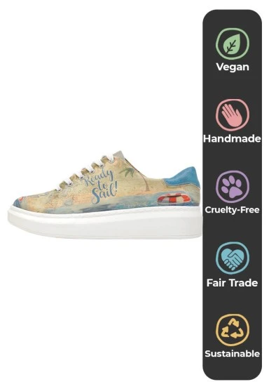 Femme Cuir Vegan Beige Baskets - Ready to Sail Motif - 