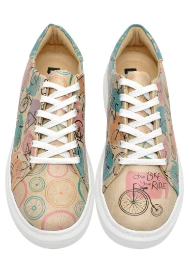 Femme Cuir Vegan Beige Baskets - Your Ride Your Bike Motif - 