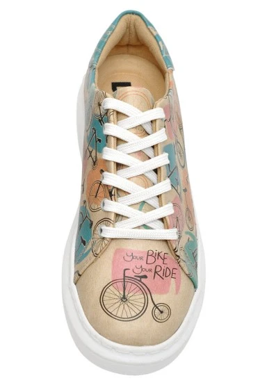 Femme Cuir Vegan Beige Baskets - Your Ride Your Bike Motif - 