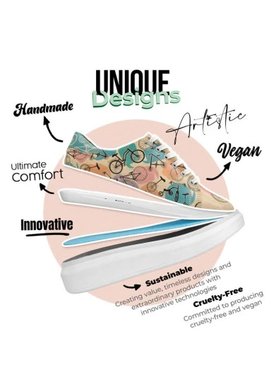 Femme Cuir Vegan Beige Baskets - Your Ride Your Bike Motif - 