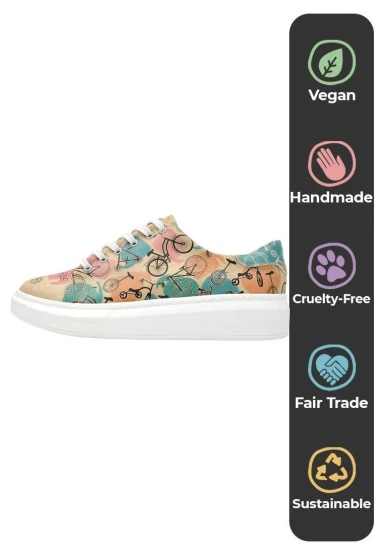 Femme Cuir Vegan Beige Baskets - Your Ride Your Bike Motif - 