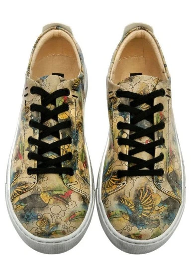 Femme Cuir Vegan Beige Baskets - Watercolor Toucan Motif - 