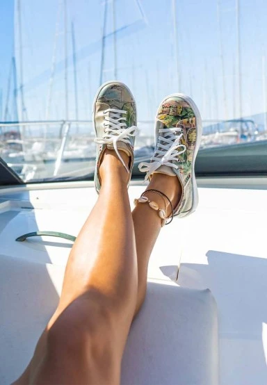 Femme Cuir Vegan Beige Baskets - Lago di Como Motif - 