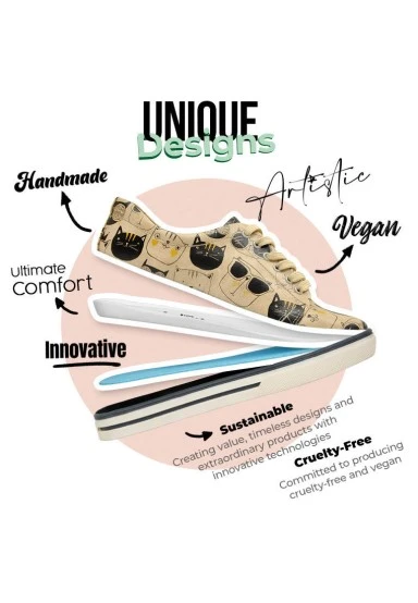 Femme Cuir Vegan Beige Baskets - Monochrome Cats Motif - 