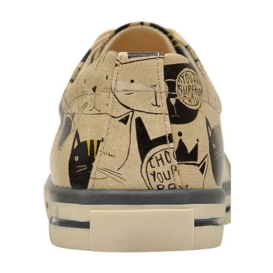 Femme Cuir Vegan Beige Baskets - Monochrome Cats Motif - 