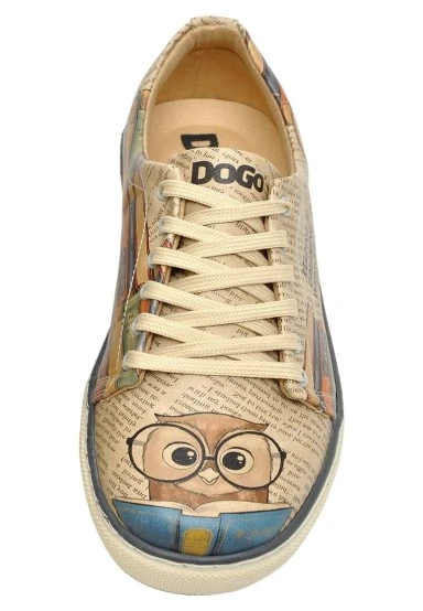 Femme Cuir Vegan Beige Baskets - The wise owl Motif - 