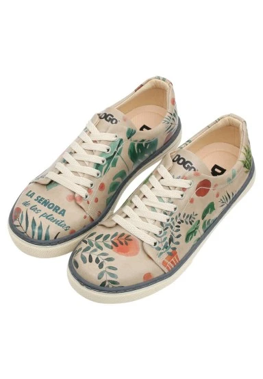 Femme Cuir Vegan Beige Baskets - Plant Lady Motif - 