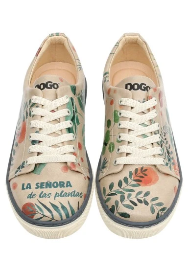 Femme Cuir Vegan Beige Baskets - Plant Lady Motif - 