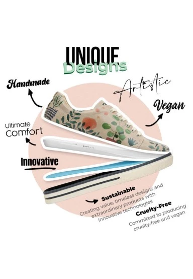 Femme Cuir Vegan Beige Baskets - Plant Lady Motif - 