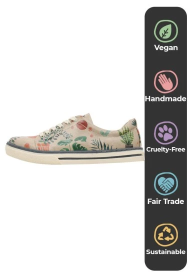 Femme Cuir Vegan Beige Baskets - Plant Lady Motif - 
