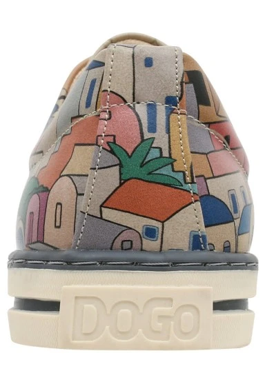 Femme Cuir Vegan Beige Baskets - Stunning Sunset Motif - 