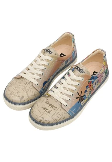 Femme Cuir Vegan Beige Baskets - Stunning Sunset Motif - 