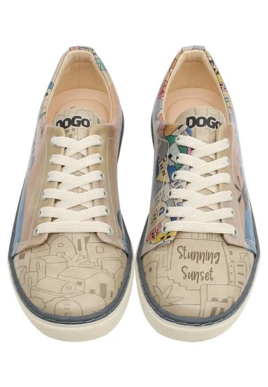 Femme Cuir Vegan Beige Baskets - Stunning Sunset Motif - 