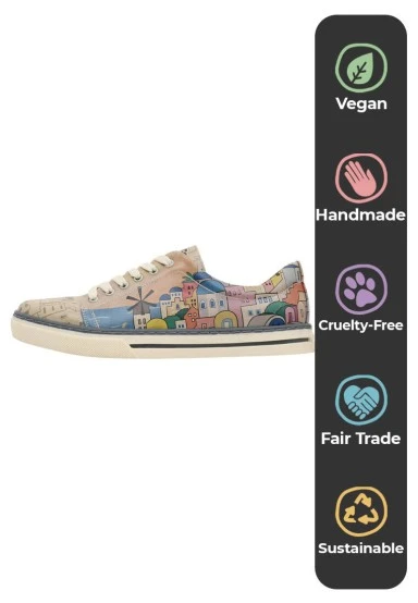 Femme Cuir Vegan Beige Baskets - Stunning Sunset Motif - 