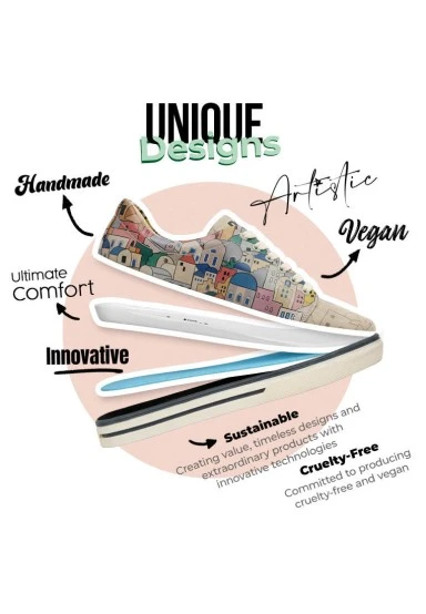 Femme Cuir Vegan Beige Baskets - Stunning Sunset Motif - 
