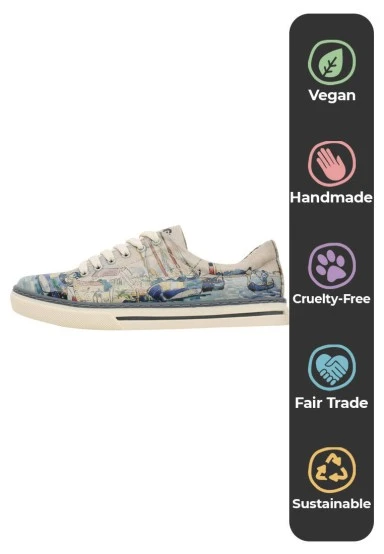 Femme Cuir Vegan Beige Baskets - Watercolor and Sailors Motif - 