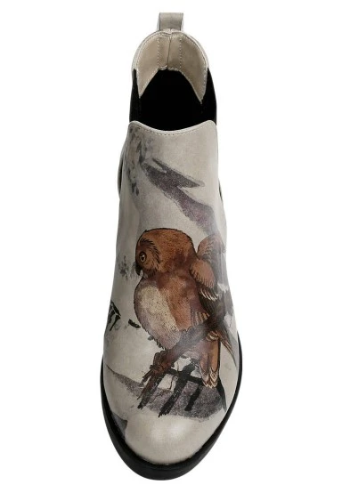 Femme Cuir Vegan Beige Booties - Chatting on a Branch Motif - 