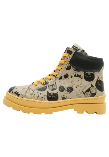 Femme Cuir Vegan Beige Bottes - Monochrome Cats Motif - 