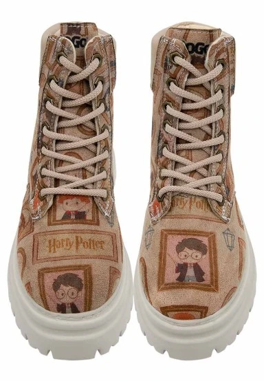 Femme Cuir Vegan Beige Bottes - Harry Potter Frames-of-Hogwarts Motif - 