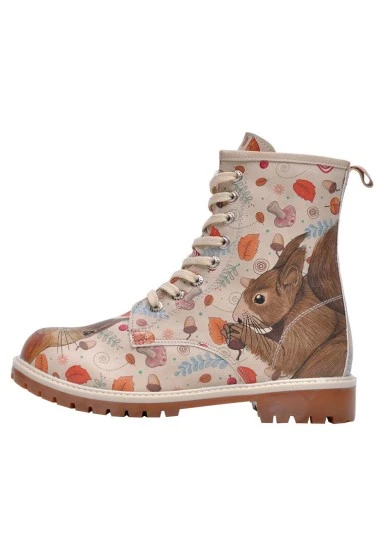 Femme Cuir Vegan Beige Bottes Longues - Squirrel Motif - 