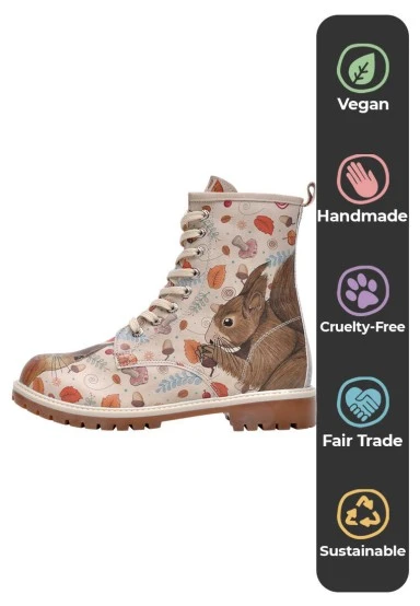 Femme Cuir Vegan Beige Bottes Longues - Squirrel Motif - 