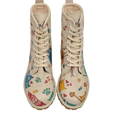 Femme Cuir Vegan Beige Bottes Longues - Cat Lovers Motif - 