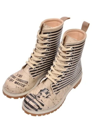 Femme Cuir Vegan Beige Bottes Longues - C.Chaplin Motif - 