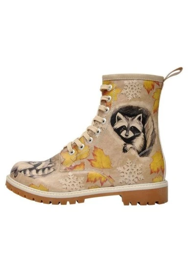 Femme Cuir Vegan Beige Bottes Longues - Raccoon Motif - 
