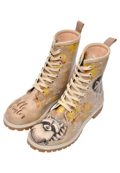 Femme Cuir Vegan Beige Bottes Longues - Raccoon Motif - 