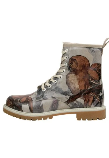 Femme Cuir Vegan Beige Bottes Longues - Chatting on a Branch Motif - 