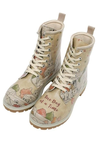 Femme Cuir Vegan Beige Bottes Longues - One Day At A Time Motif - 
