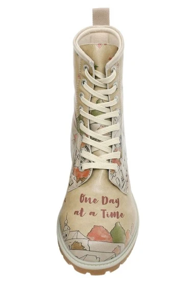 Femme Cuir Vegan Beige Bottes Longues - One Day At A Time Motif - 