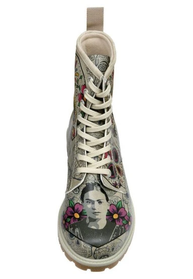 Femme Cuir Vegan Beige Bottes Longues - Remembrance Of Frida Kahlo Motif - 