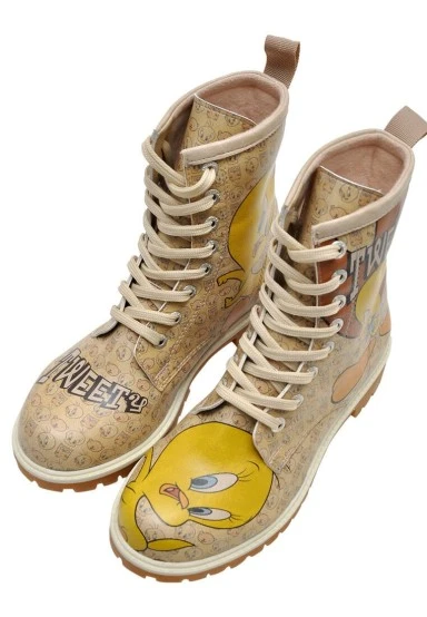 Femme Cuir Vegan Beige Bottes Longues - Warner Bros Tweety Moods Motif - 