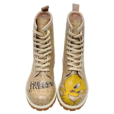 Femme Cuir Vegan Beige Bottes Longues - Warner Bros Tweety Moods Motif - 