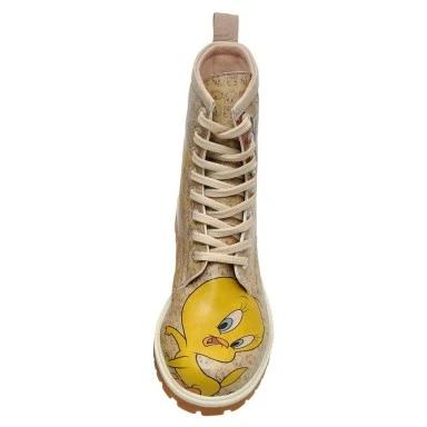 Femme Cuir Vegan Beige Bottes Longues - Warner Bros Tweety Moods Motif - 