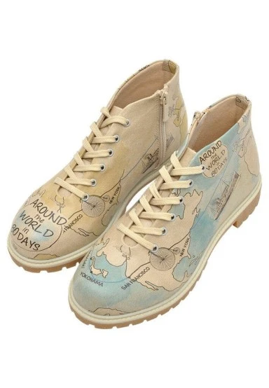 Femme Cuir Vegan Beige Bottines Zippées - Around the World Motif - 