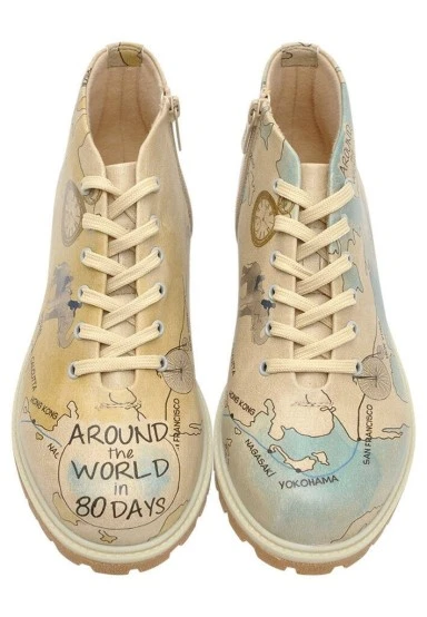 Femme Cuir Vegan Beige Bottines Zippées - Around the World Motif - 