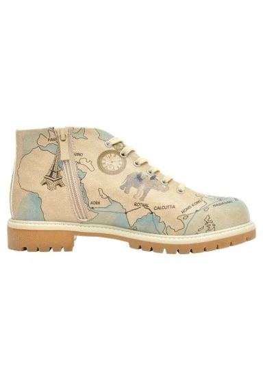Femme Cuir Vegan Beige Bottines Zippées - Around the World Motif - 