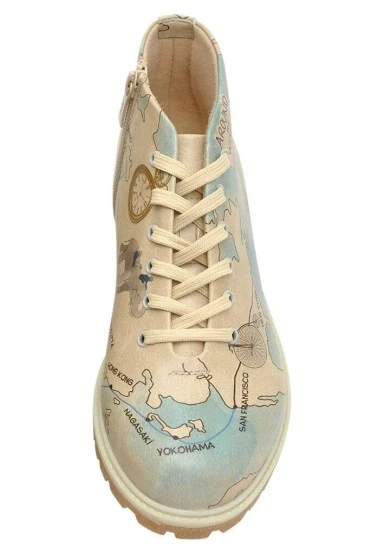 Femme Cuir Vegan Beige Bottines Zippées - Around the World Motif - 
