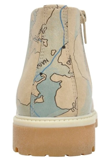 Femme Cuir Vegan Beige Bottines Zippées - Around the World Motif - 