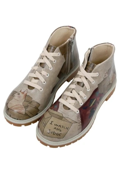 Femme Cuir Vegan Beige Bottines Zippées - I Watch and Judge Motif - 