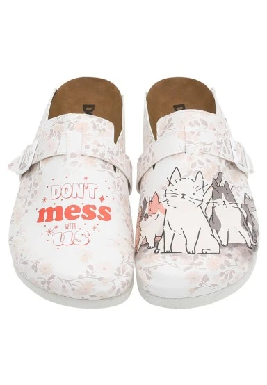 Femme Cuir Vegan Beige Chaussons - Trouble Makers Motif - 