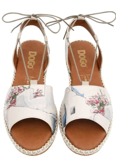 Femme Cuir Vegan Beige Sandales à Lacets - Paperflower Motif - 