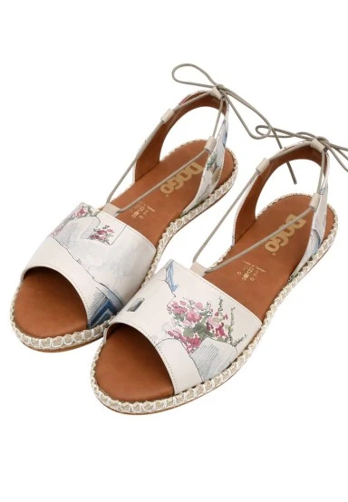 Femme Cuir Vegan Beige Sandales à Lacets - Paperflower Motif - 