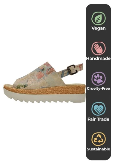 Femme Cuir Vegan Beige Sandales compensées - Sun please Motif - 