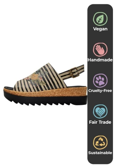 Femme Cuir Vegan Beige Sandales compensées - Dreamer Motif - 