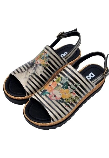 Femme Cuir Vegan Beige Sandales compensées - Dreamer Motif - 